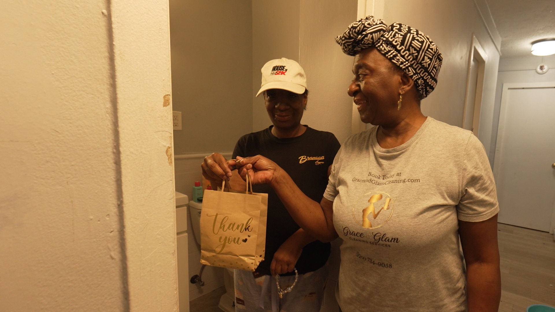 Clarissa, on the right, with a Brooklyn client after a clean